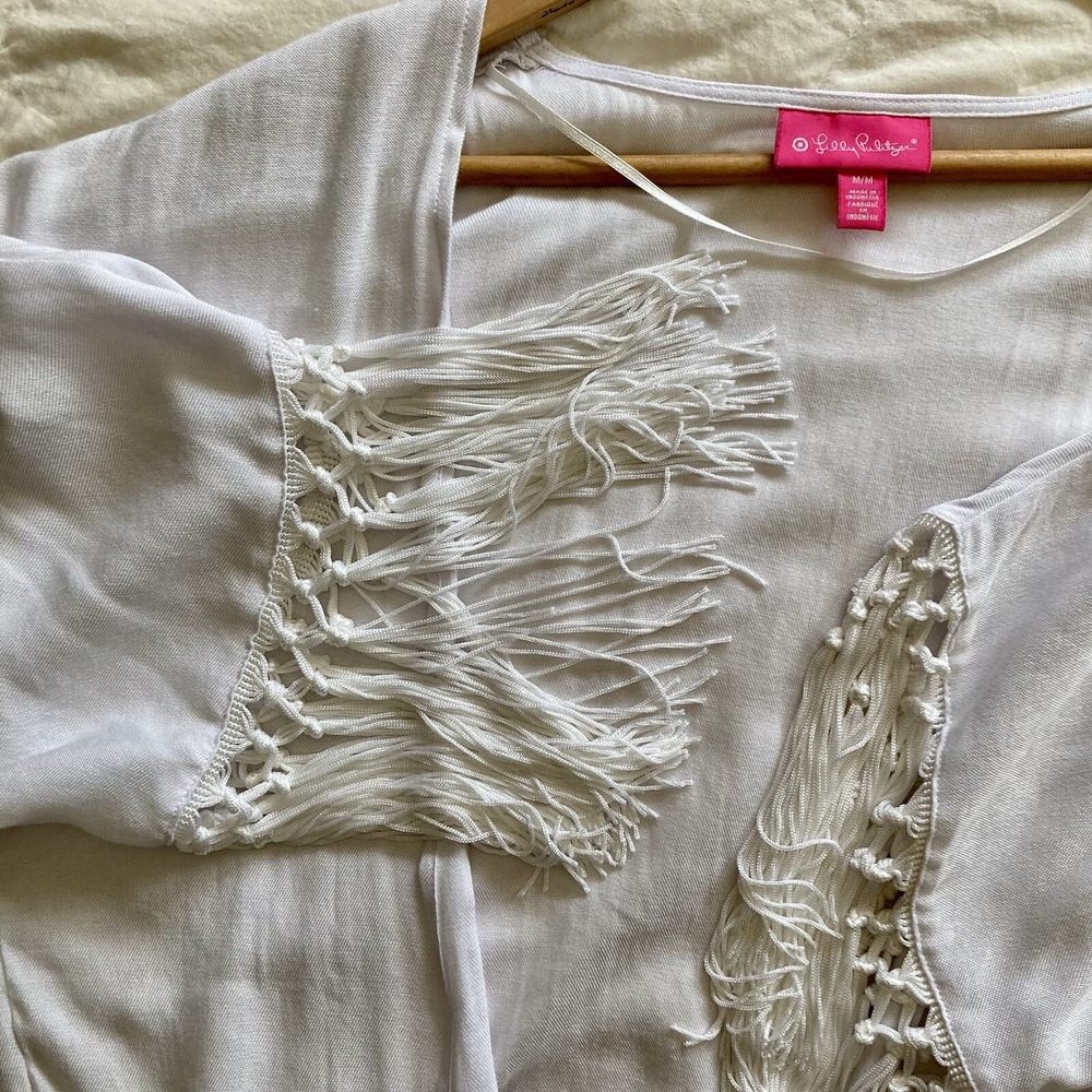 Lilly Pulitzer x Target Long Open Front Kimono Cover Up Fringe Sleeve White Med